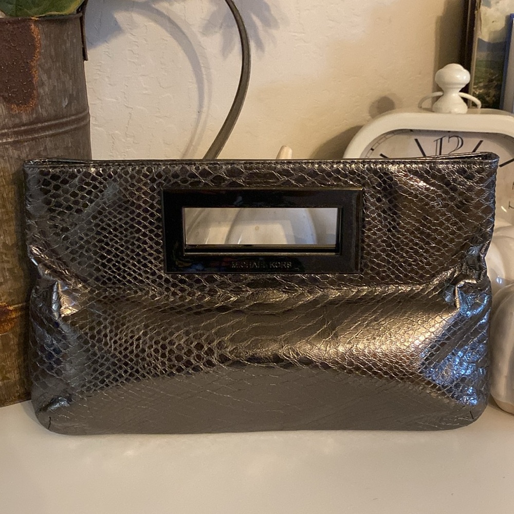 Michael Kors Berkeley metallic gray gunmetal snake skin handbag